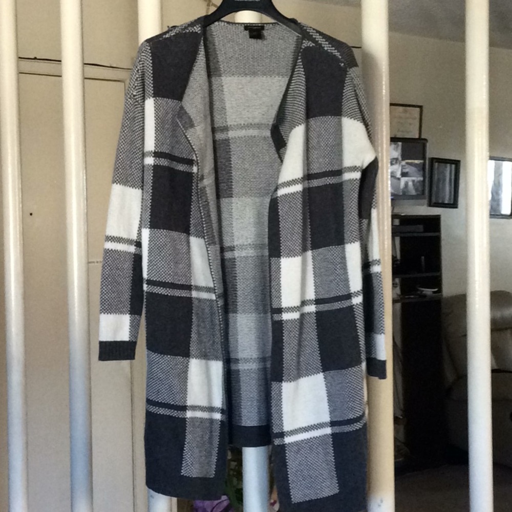 Ann Taylor Long Open Front Plaid Cardigan - Black & White - M
